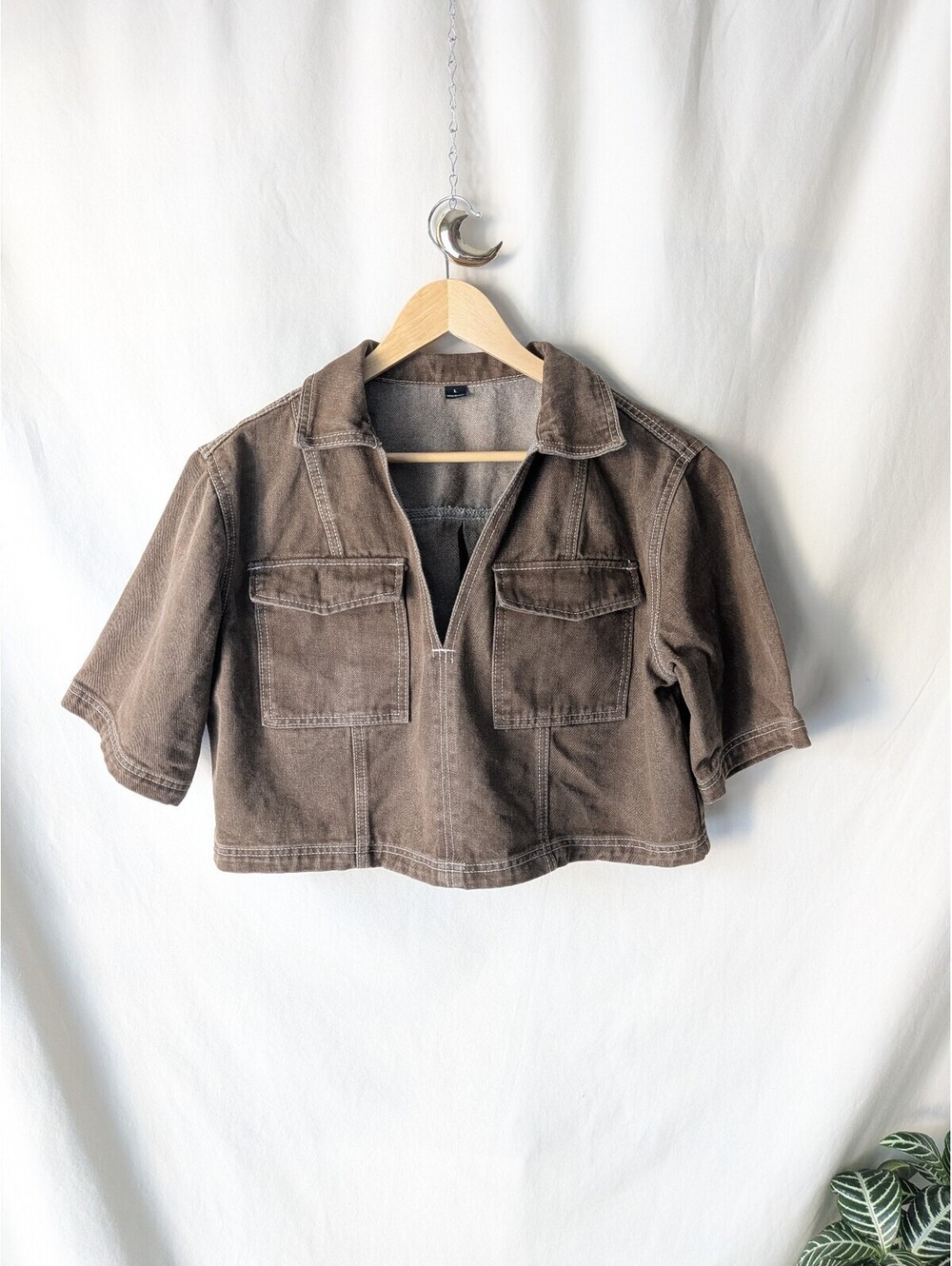 Brown Cropped Utility Jacket with Front Pockets, Size Large